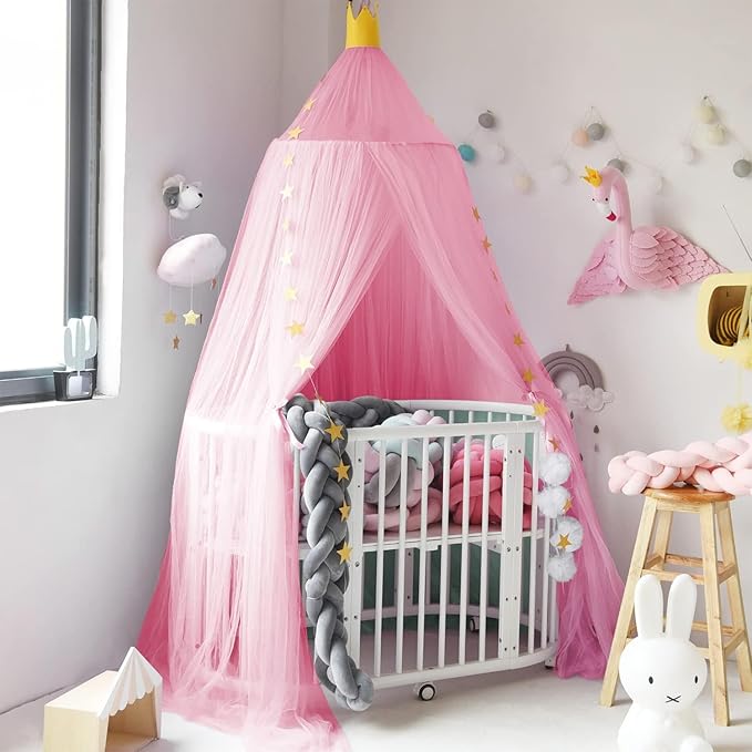 Princess Bed Canopy for Girls and Kids Hanging Mosquito Net for Baby Crib Nook Castle Game Tent Nursery Play Room Decor(Pink)