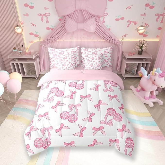 7 Pieces Cartoon Bowknot Kids Comforter Set King,Western Cowgirl Disco Ball Retro Bedding Set,Bow Tie Cute Princess Pink Romantic（Comforter+Fitted+Flat Sheet+2 Pillowcases+2 Throw Pillow Covers）