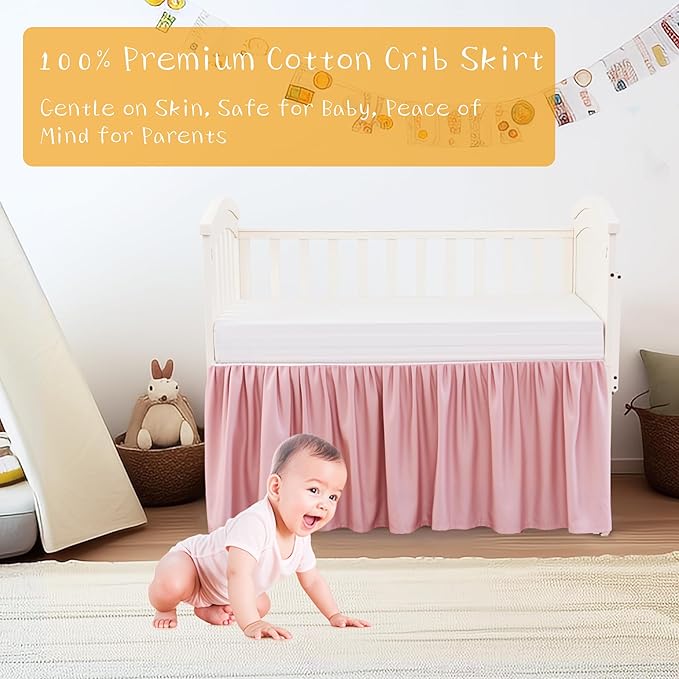 Crib Bed Skirt Dust Ruffle 100% Cotton - Natural, Soft, Breathable for Baby's Delicate Skin, Nursery Toddler Crib Bed Skirt for Baby Boys Girls, Fits Standard Cribs 28" x 52" with 14" Drop