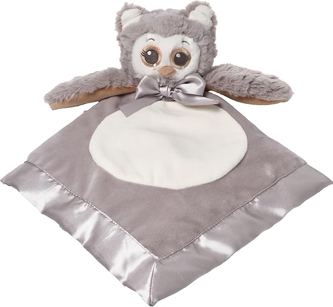 Bearington Lil' Owlie Owl Lovey Baby Security Blanket - 15" Gray Plush Stuffed Animal Blanket with Satin Trim - Soft Owl Lovey for Baby Girl and Boy - Snuggly Girl Gift for Infants and Newborns