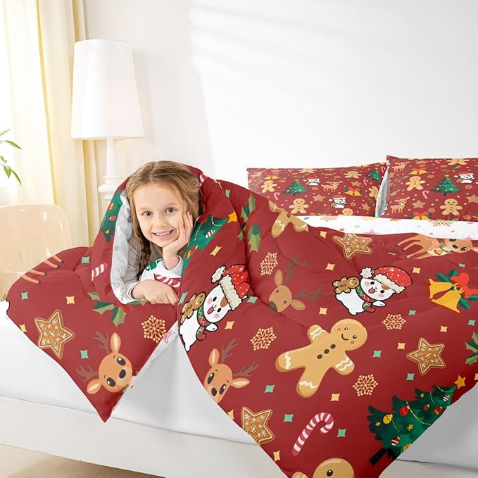 Feelyou Merry Christmas Comforter Set King Size Gingerbread Man Bedding Set for Kids Boys Girls Cute Deer Duvet Quilt Christmas Tree Microfiber 3 Pcs with 2 Pillow Cases