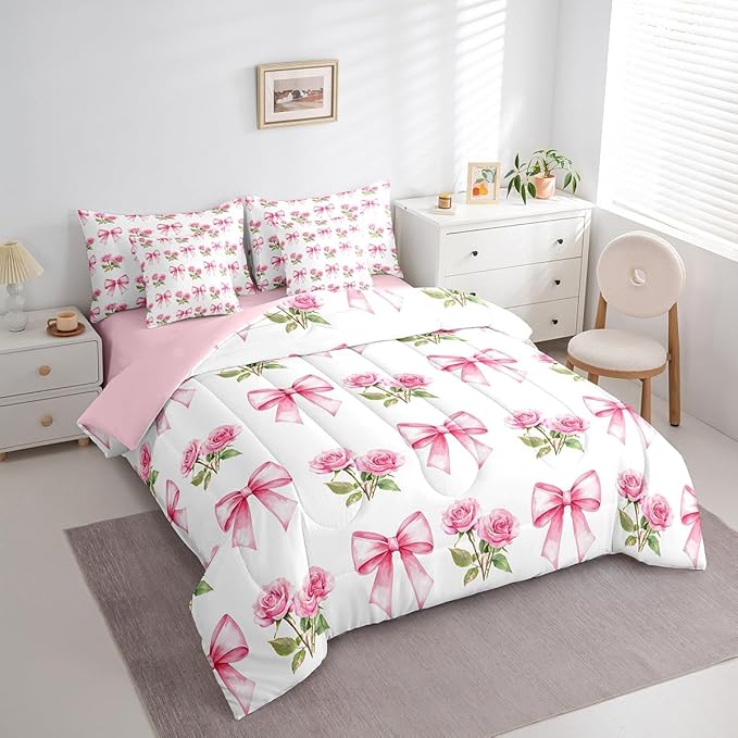 7 Pieces Pink Bowknot Kids Comforter Queen,Rose Flowers Valentine's Day Romantic Bedding Set,Pink Bow Tie Knot Princess Dreamy（Comforter+Fitted+Flat Sheet+2 Pillowcases+2 Throw Pillow Covers）