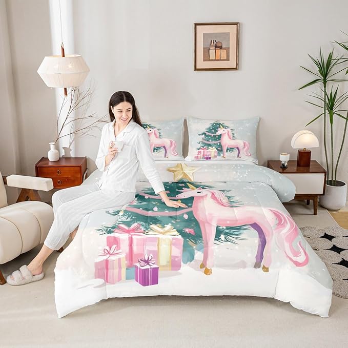 Feelyou Merry Christmas Comforter Set Toddler Size Cute Unicorn Bedding Set for Kids Boys Girls Gift Duvet Quilt Christmas Tree Bedroom Decor Microfiber 2 Pcs with 1 Pillow Cases