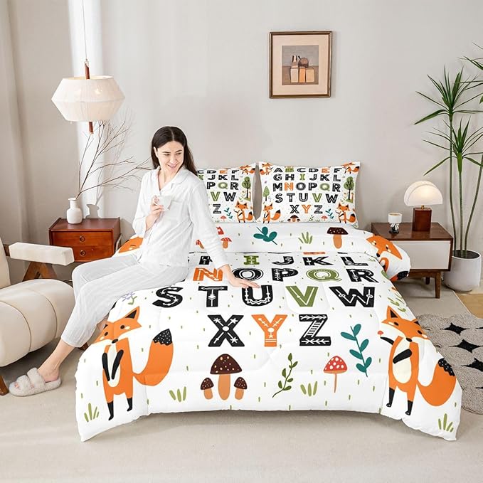 Feelyou Educational Nursery Art Comforter Set King Size Alphabet Kids ABC Learning Bedding Set for Kids Boys Girls Cute Fox Duvet Quilt Woodland Animals Bedroom Decor 3 Pcs with 2 Pillow Cases