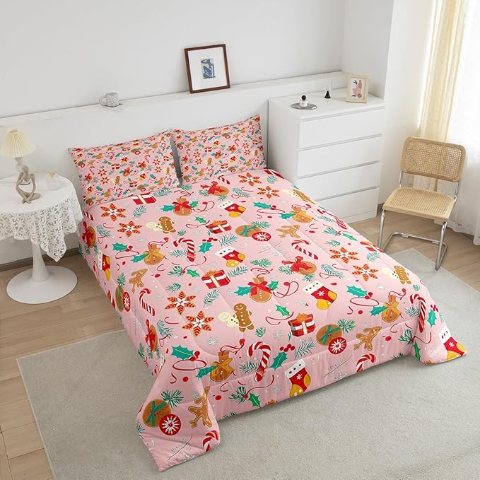 Feelyou Cute Gingerbread Man Bedding Set for Kids Boys Girls Queen Size Comforter Set Ultra Soft Winter Christmas Comforter Xmas Duvet Quilt Bedroom Decor Christmas Decor Quilt