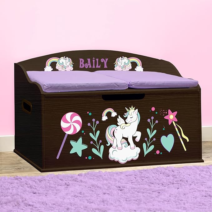 DIBSIES Personalized Creative Wonders Toy Box, Unicorns & Rainbows, 30 x 19.25 x 18 inches, Soft-Close Lid (Espresso)