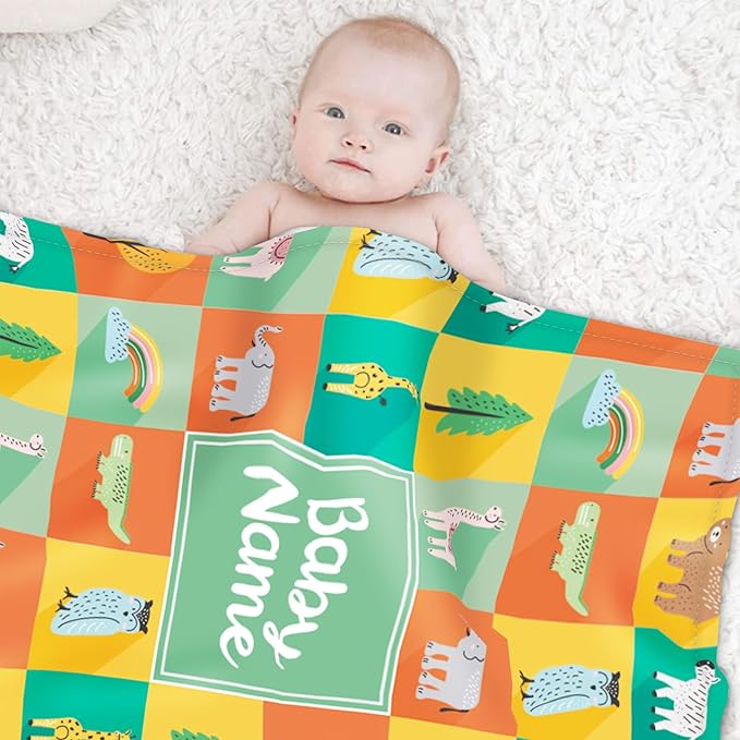 Custom Safari Animals Blanket Gift, Personalized Baby Blanket with Name, Soft Plush Flannel/Sherpa Fleece Throw Blankets for Toddler Kid Teen Boys Girls Color10