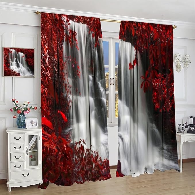 Red Forest Waterfall Blackout Windows Curtains, Waterfall Red Forest Black and Red Natural Landscape Print Window, for Living Room Bedroom 55x63in 2 Panels