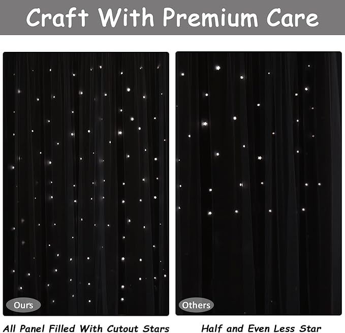 Kinryb Kids Blackout Curtains for Bedroom/Living Room/Classroom, Sheer Overlay Small 2 Panel Set, Double Layer Curtains with Star Cutout for Kids Room(W 52 x L 36 Inches,Grey 2 Pcs)