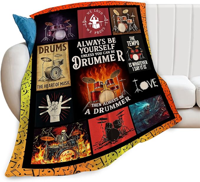 Drum Set Fleece Blanket Rock Music Throw Blankets for Girls Boys Super Soft Warm Flannel Cool Musical Instrument Throws Gifts for Men Women Cozy Fuzzy Plush Stuffed Couch Bed Bedding Decor 80"x60"