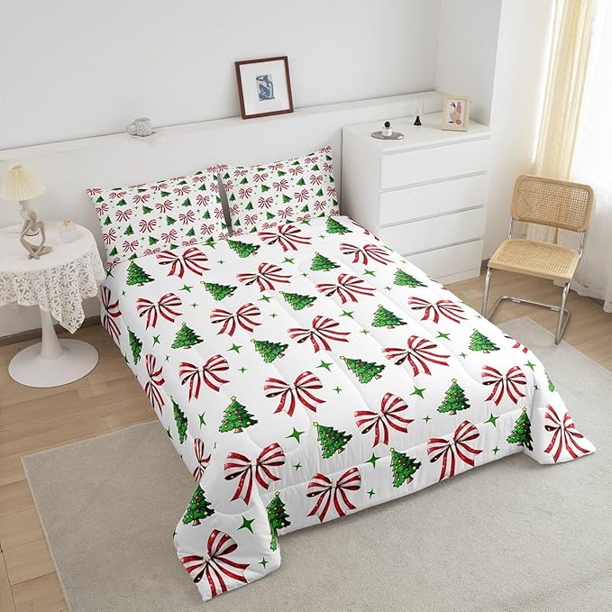 Manfei Merry Christmas Comforter Set Toddler Size, Red Bow Green Tree Bedding Set 2pcs, New Year Theme Down Comforter for All Season, Kids Girls Room Decor, Lightweight Duvet Insert, 1 Pillowcase