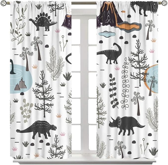 Funny Dinosaur Curtains Cute Dino Cartoon Animals Abstract Aesthetics Art Print for Kids Girls Boys Bedroom Living Room Rod Pocket Decoration Window Drapes 2 Panels W36xL63in