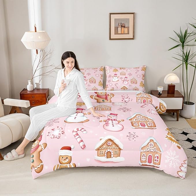 Feelyou Pink Christmas Kids Comforter Set Toddler Size Snowman Bedding Set Gingerbread Man Duvet Quilt for Kids Boys Girls Bedroom Snowflake Candy Cane Decor Microfiber Ultra Soft Breathable