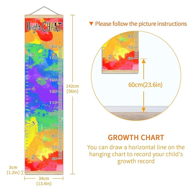 Kids Growth Chart Ruler for Wall Wood Frame Height Measure Chart 13.4x56 in Linen Hanging Height Growth Chart Watercolor Tie Dye Kids Room Decor