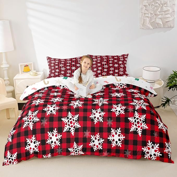 Christmas Kids Bedding Set Snowflake Xmas Theme Bedding Duvet Cover Set for Boys Girls Red Black Buffalo Check Decor Comforter Cover Set New Year Bedspread Cover Bedroom Quilt Cover 2Pcs Twin Size