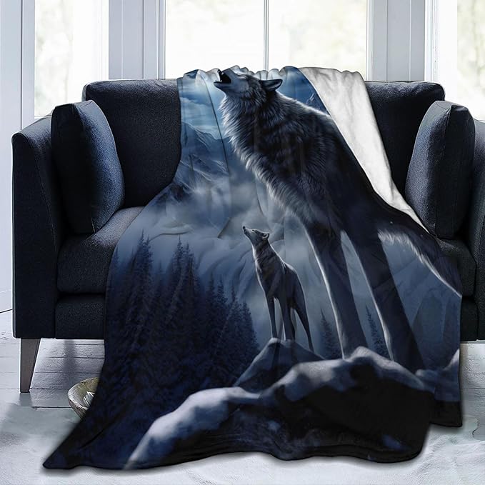 Snowy Mountain Wolf Blanket Gifts Moonlit Night Wolves Flannel Throw Blankets for Home Decor Couch Bed Sofa Soft Fuzzy Lightweight for All Season 50x40 Inches