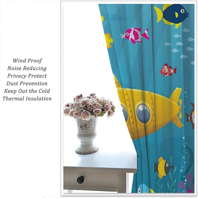 Boy Window Curtains Submarine Window Drapes Yacht Window Treatments Underwater World Oasis Thermal Drapes for Kids Girls Toddler Teens Room Dorm Decor Set 2 Panels,42x54 Inches