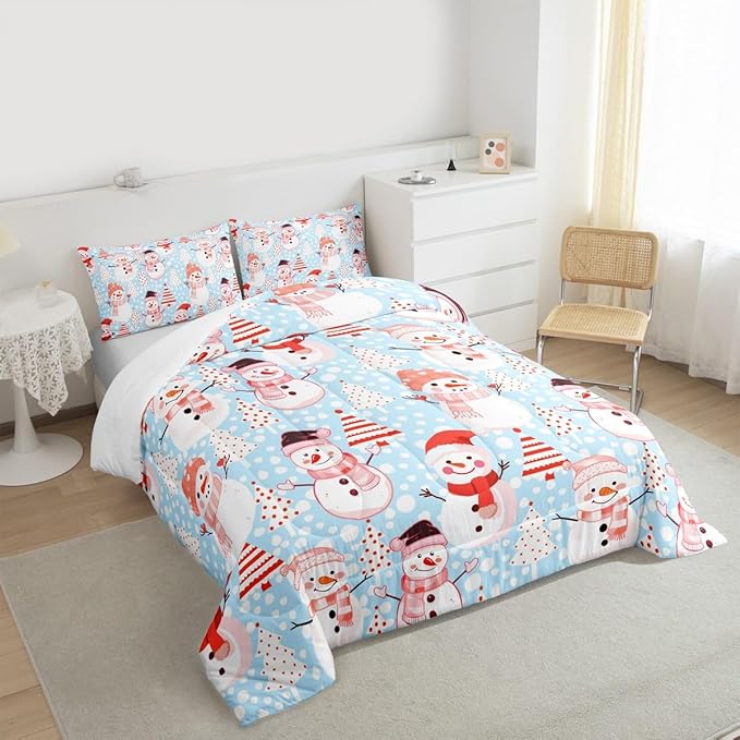 Manfei Christmas Comforter Set Twin Size, Snowman and Xmas Trees Bedding Set 2pcs for Kids Girls Adults Bedroom Decor, New Year Blue Down Comforter Soft Polyester Quilt Set with 1 Pillowcase