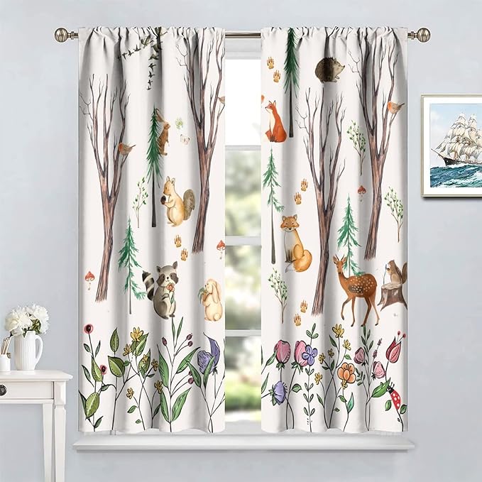 Forest Animal Kids Curtains, Watercolor Cartoon Window Treatments, Cute Animal Floral Girl Toddler Home Bedroom Living Room Drapes 72x63in