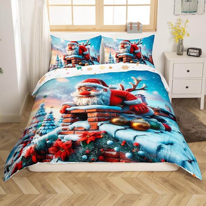 Cute Santa Claus Duvet Cover Set King Size,Winter Snow Cabin Rustic Farmhouse Bedding Set,Boys Girls Room Decor,Xmas Tree Merry Christmas Comforter Cover,White Quilt Cover,2 Pillowcases,No Comforter