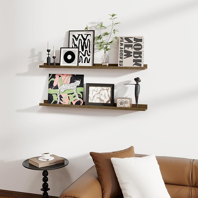 Fun Memories Picture Ledge Shelf, Pine Wood Floating Shelves Set of 2, 48 inch Nursery Book Shelves, Photo Ledge Book Shelves Wall Mounted for Living Room Kids' Room Bedroom - Light Brown