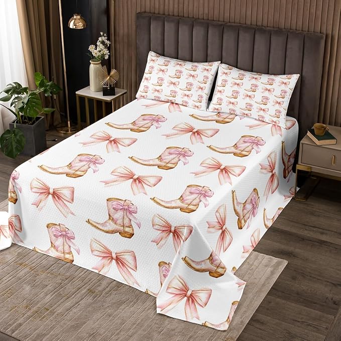 Western Cowgirl Bedspread King Size,Pink Bowknot Cowgirl Boots Rustic Farmhouse Coverlet Set,Girls Women Room Decor,Bow Tie Geometric Patchwork Quilted Coverlet,Golden Bedding Quilt,2 Pillowcases