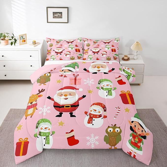 Erosebridal Merry Christmas Bedding Set for Kids Santa Claus Quilts Cute Cartoon Snowman Comforter Set Twin Size with 1 Pillow Case Xmas Snowflake Duvet Insert,Pink