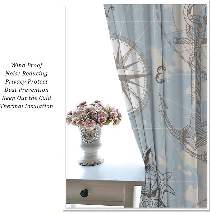 Nautical Theme Window Curtains,Pirate Sailboat Curtains for Bedroom,Conch Starfish Print Draperies for Living Room,Ocean Window Treatment Curtains Set 2 Panels,42x63 Inches