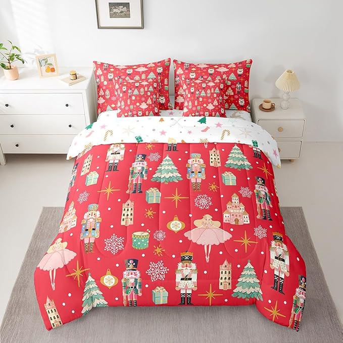 Erosebridal 7Pcs Red Christmas Comforter Set King Size,Christmas Nutcracker Bedding Set,Girly Dreamy Princess Bed in A Bag,Xmas Pine Tree Snowflake Quilt with Flat Fitted Sheet,Red