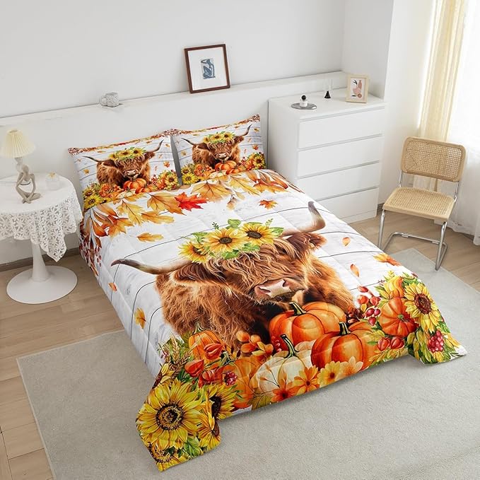 Autumn Theme King Size Comforter/Duvet Set,Highland Cattle Ultra Soft Bed Collection,Sunflower Pumpkin Maple Leaf Bedding for Room Decor 3 Pcs,Microfiber Breathable