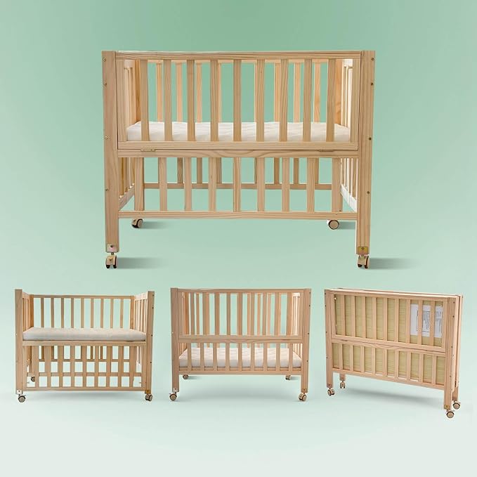 Foldable Mini Baby Crib - Portable 4-in-1 Convertible Baby Cribs,Pine Wood Bedside Bassinet,3 Heights Bassinet Bedside Sleeper with A Sponge Mattress,Wheeled,Unpainted