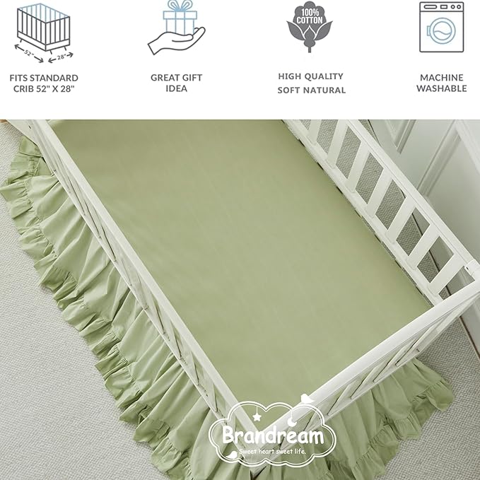 Brandream Farmhouse Crib Bedding Sets for Girls and Boys | 100% Percale Cotton 3 Piece Nursery Set Light Green Ruffles | Baby Comforter, Fitted Crib Sheet, Crib Skirt Included