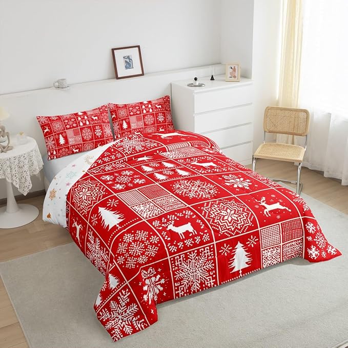 Kids Merry Christmas Comforter Set Full Size,Deer Snowflake Pines Silhouette Bedding,Girls Boys Adults Bedroom/Xmas Cabin Decor,Geometric Lattice Down Comforter,Red Bright Duvet Insert,2 Pillowcases