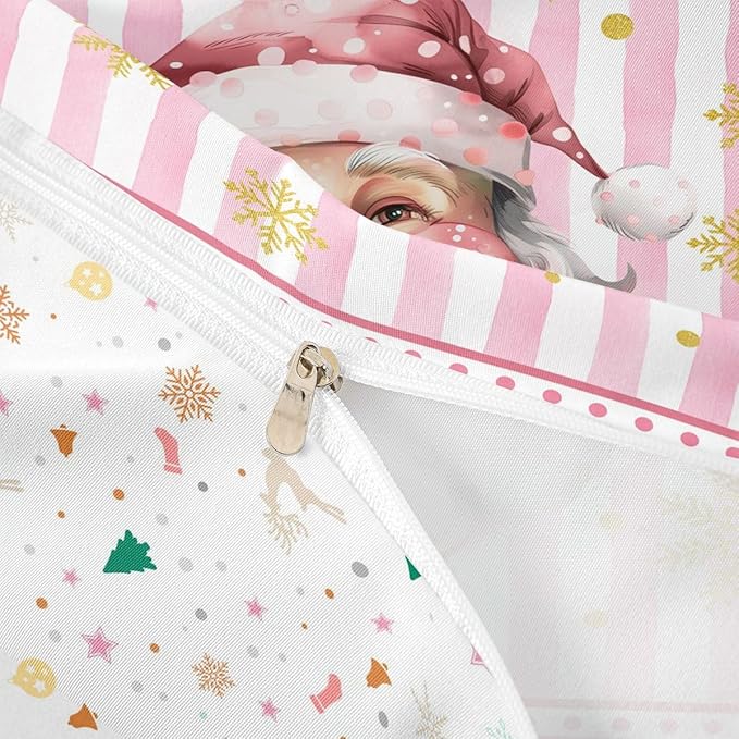 Manfei Cartoon Santa Claus Duvet Cover,New Yrar Decor Golden Snowflake Christmas Theme Bedding Set for Bedroom Decor,Girly Pink Geometric Stripes All Season Bedding (NO Comforter) Queen Size