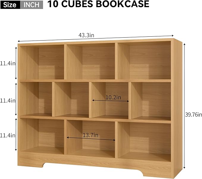 Book Shelf for Kids, 10 Cubes Storage Organizer Montessori Bookshelf, 3-Tier Wooden Kids Bookcase, Toy Storage Organizer for Children, Wooden Toddler Bookshelf Cube Shelf for Kid’s Room, Classroom