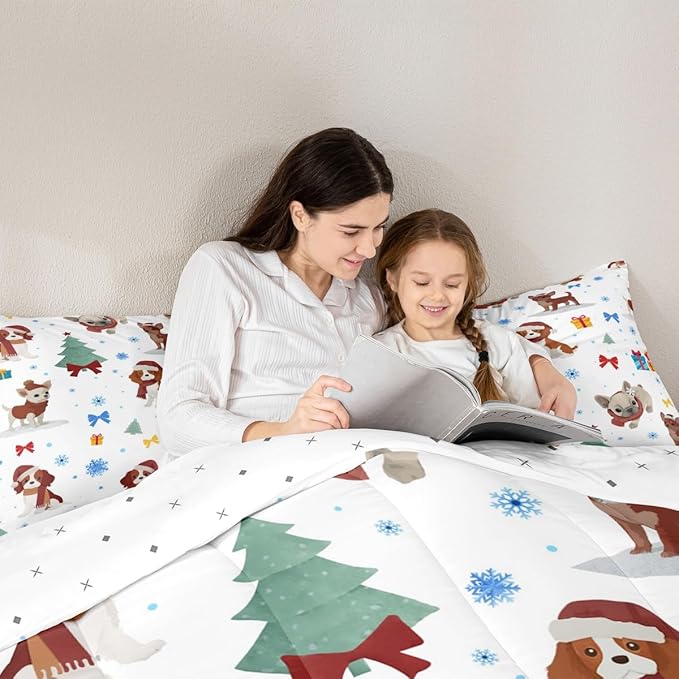 Feelyou Christmas Puppy Comforter Set All Season Festive Pet Bedding Set with 2 Pillow Cases Cute Dog Kids King Bedclothes Xmas Tree Snowflake Bedroom Decor Duvet Quilt Breathable Soft Lightweight