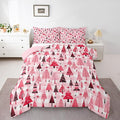 Manfei Cartoon Tree Comforter Set Queen Size, Christmas Theme Bedding Set 3pcs for Kids Girls Adults Bedroom Decor, New Year Pink Plaid Down Comforter Soft Polyester Quilt Set with 2 Pillowcases