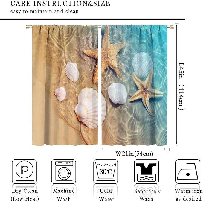 Beach Curtain for Bathroom Decor，Sea Turtle Starfish Seashell Nautical Ocean Coastal Scenery Art Printed Fabric Polyester Waterproof Set 2 Panels,42x45 Inches