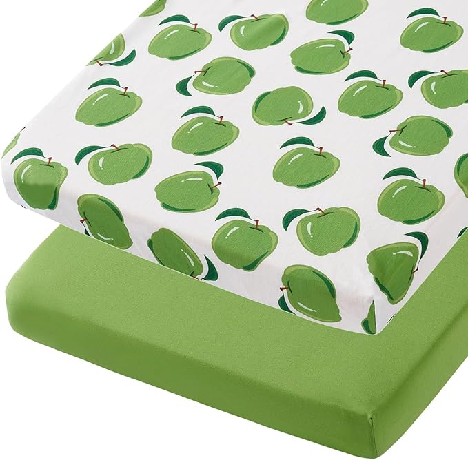 TILLYOU Mini Crib Sheets Fitted 2 Pack, Pack and Play Sheets for Toddler Mattress, Soft and Breathable 38”x 24” Pack n Play Mattresses Cover, Green Apple & Fruit Green