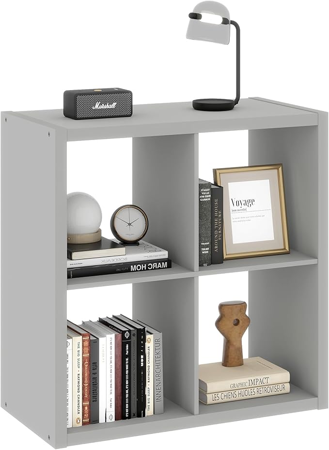 Wood 4 Cube Organizer Shelf, 14.6" x 30" x 30" Square Storage Cubes with 4 Storage Spaces, 2 x 2 Shelf Organizer for Bedroom, Living Room, Playroom, Light Gray