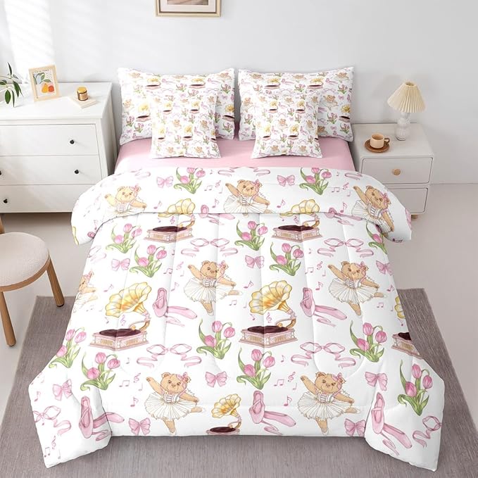 Pink Bowknot Princess Comforter Twin Size,Ballet Shoes Bear Dancer Cartoon 7 Pcs Bedding Set,Tulip Flower Music Note Record Decor,Bow Tie Romantic （Fitted+Sheet+2 Pillowcases+2 Throw Pillow Covers）