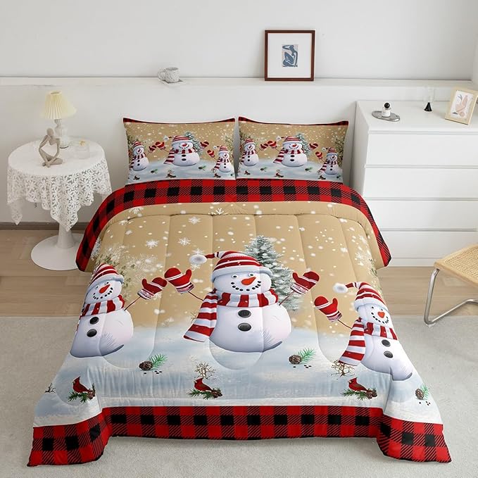 Cartoon Snowman Kids Christmas Comforter Set Full Size,Pines Snowflake Rustic Bedding,Girls Boys Adults Bedroom/Xmas Cabin Decor,Grids Geometric Down Comforter,Farmhouse Duvet Insert,2 Pillowcases
