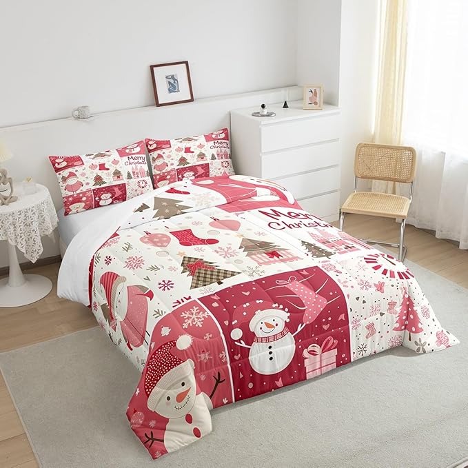 Christmas Tree Comforter Set Queen Size,Merry Christmas Bedding Set for Kids Boys Girls Room Decor,Snowman Christmas Tree Snowflake Duvet Insert 3Pcs,Cartoon Plaid Patchwork Quilt Set,2 Pillowcases