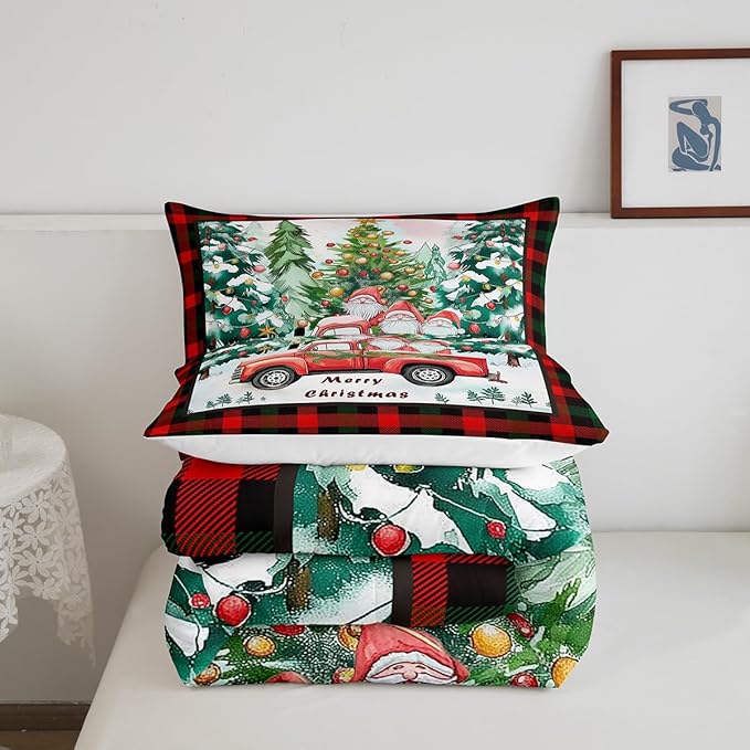 Xmas Theme Bedding Set Full Size,Christmas Tree Retro Red Truck Comforter Set for Kids Boys Girls Room Decor,Black Red Plaid Duvet Insert 3Pcs,Cartoon Gnome Merry Christmas Quilt Set,2 Pillowcases