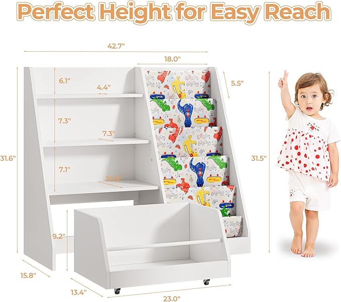 IRONCK Kids Bookshelf and Toy Storage, 42" Wide Large Toddler Bookshelf with Movable Drawer and 5 Sling Pockets, Montessori Book Shelf for Kids Rooms-White