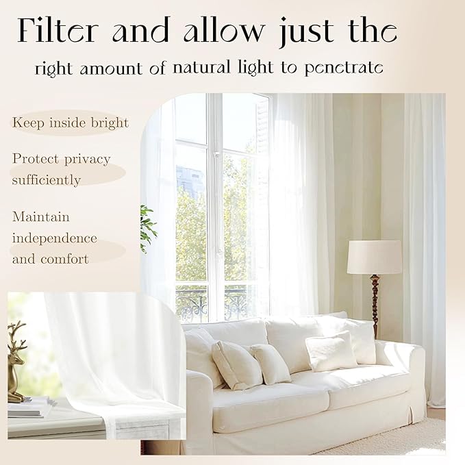Dreaming Casa White Sheer Curtains 96 Inches Long, Rod Pocket & Back Tab Light Filtering Textured Sheers for Living Room Bedroom, 2 Panels, Each 100" W x 96" L