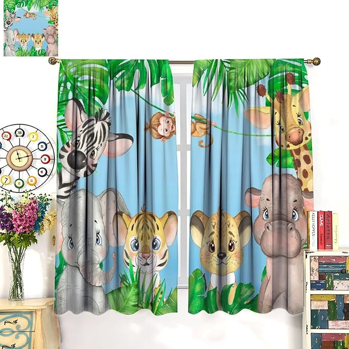 Kids Animals Blackout Curtains Watercolor Cartoon Cute Animals Green Jungle Art Printed for Children Girls Boys Bedroom Nursery Rod Pocket Decoration Window Drapes 2 Panels W27.5xL63in