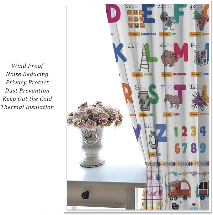 Alphabet Curtain for Kids Room ABC Letter Educational Learning Animal Number Printed Rod Pocket Blackout Window Drapes for Bedroom Playroom Classroom 42" W X 63" L