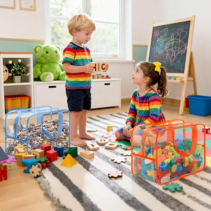 8 Packs Widen X-Large Toy Storage Bags 12.6×9.25×6.9In with Labels, Reusable Clear PVC Board Game Storage, Travel Waterproof Organizer Bags with Zipper for Building Blocks, Puzzle, Stuffed Animals