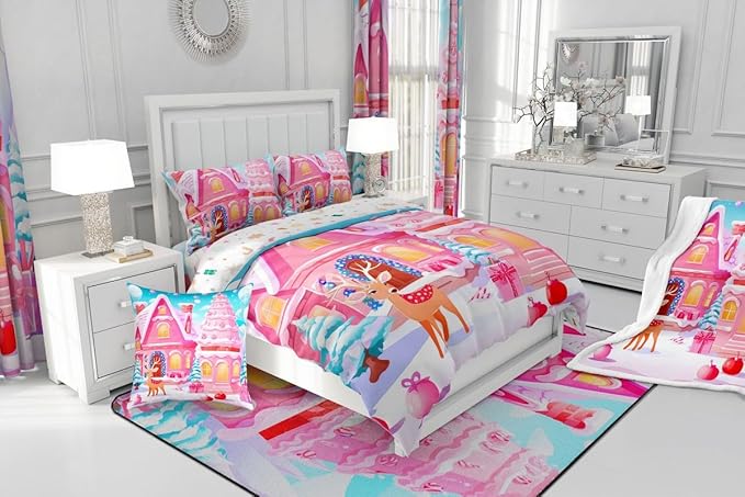 Feelyou Christmas Pink Comforter Cover Set Cute Deer Print Bedding Set Toddler Size for Kids Boys Girls Bedroom Bed Decor Xmas Christmas Duvet Cover Soft Bedspread Cover,No Comforter